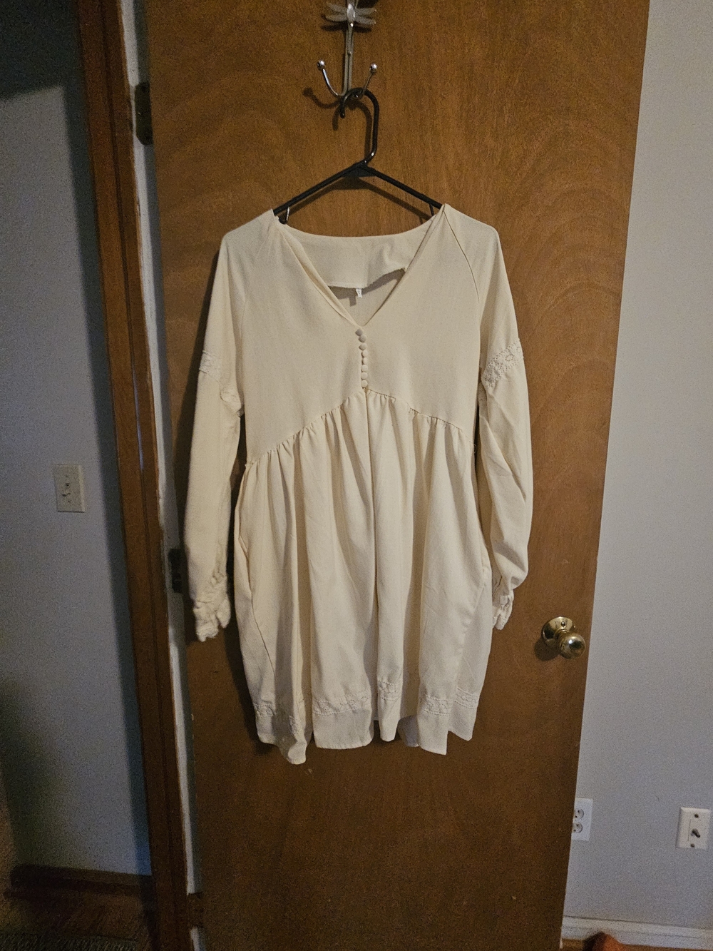 Women's Cream Long-Sleeve V-Neck Babydoll Dress